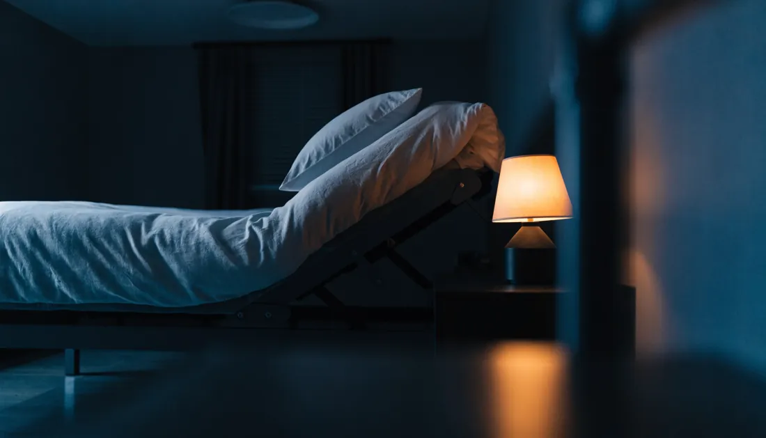 An adjustable bed with the head section raised in a calm modern dark bedroom