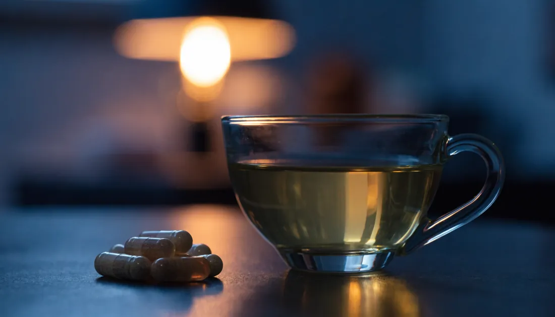 A warm cup of green tea beside supplement capsules at night