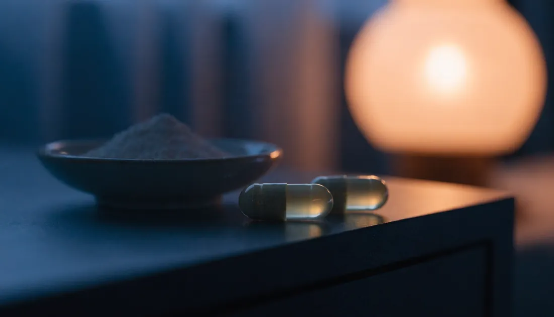 Magnesium sleep supplement capsules and powder on a dark nightstand
