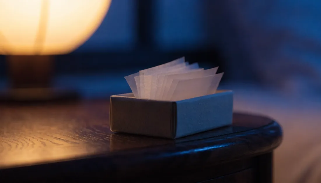 A small box of thin mouth tape strips on a dark nightstand