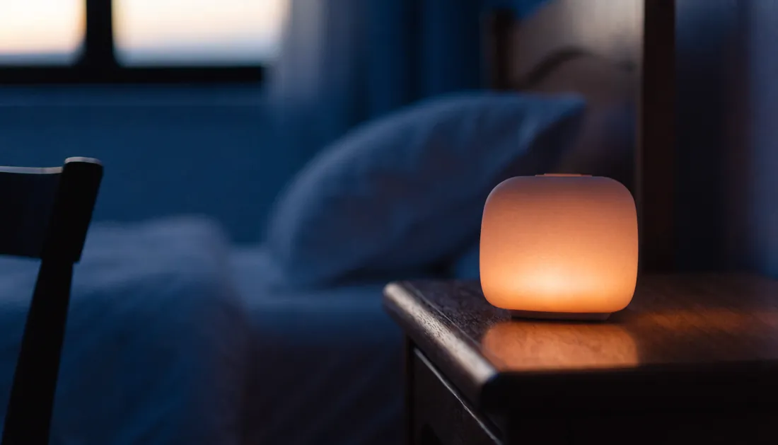 A sunrise alarm clock glowing warm amber on a nightstand at dawn
