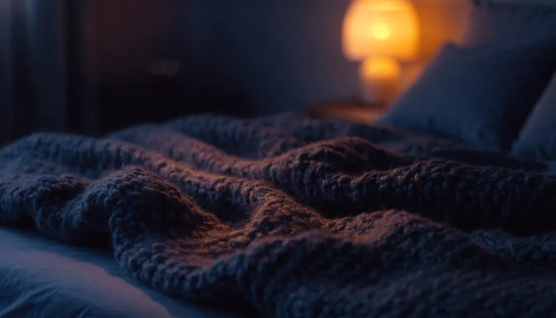Chunky-knit weighted blanket draped over a bed in a dark bedroom