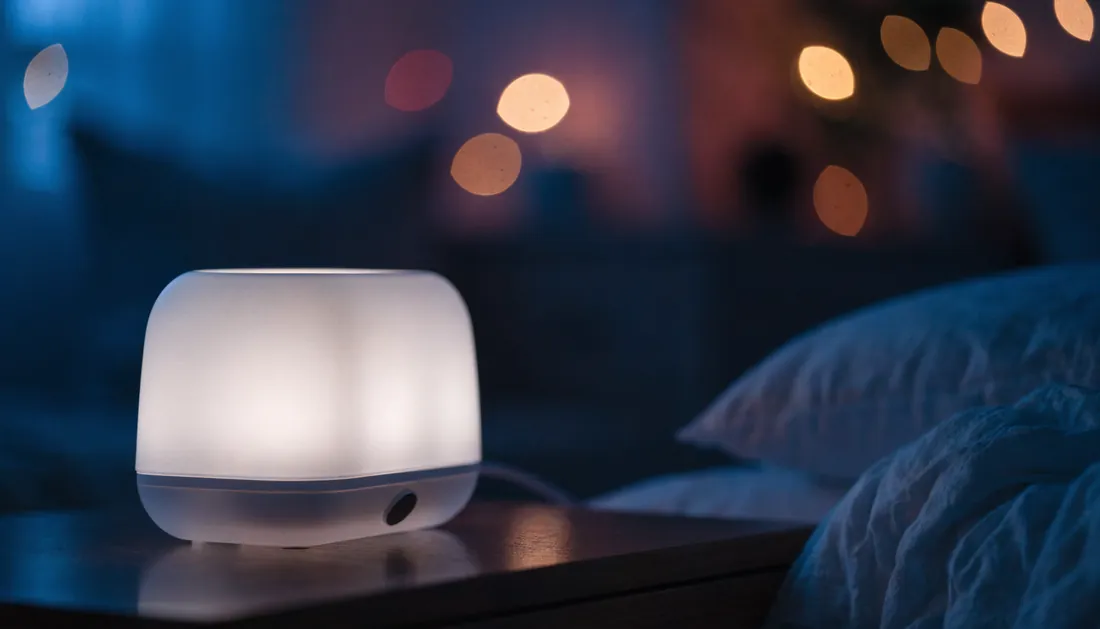 A white noise sound machine glowing softly on a nightstand at night